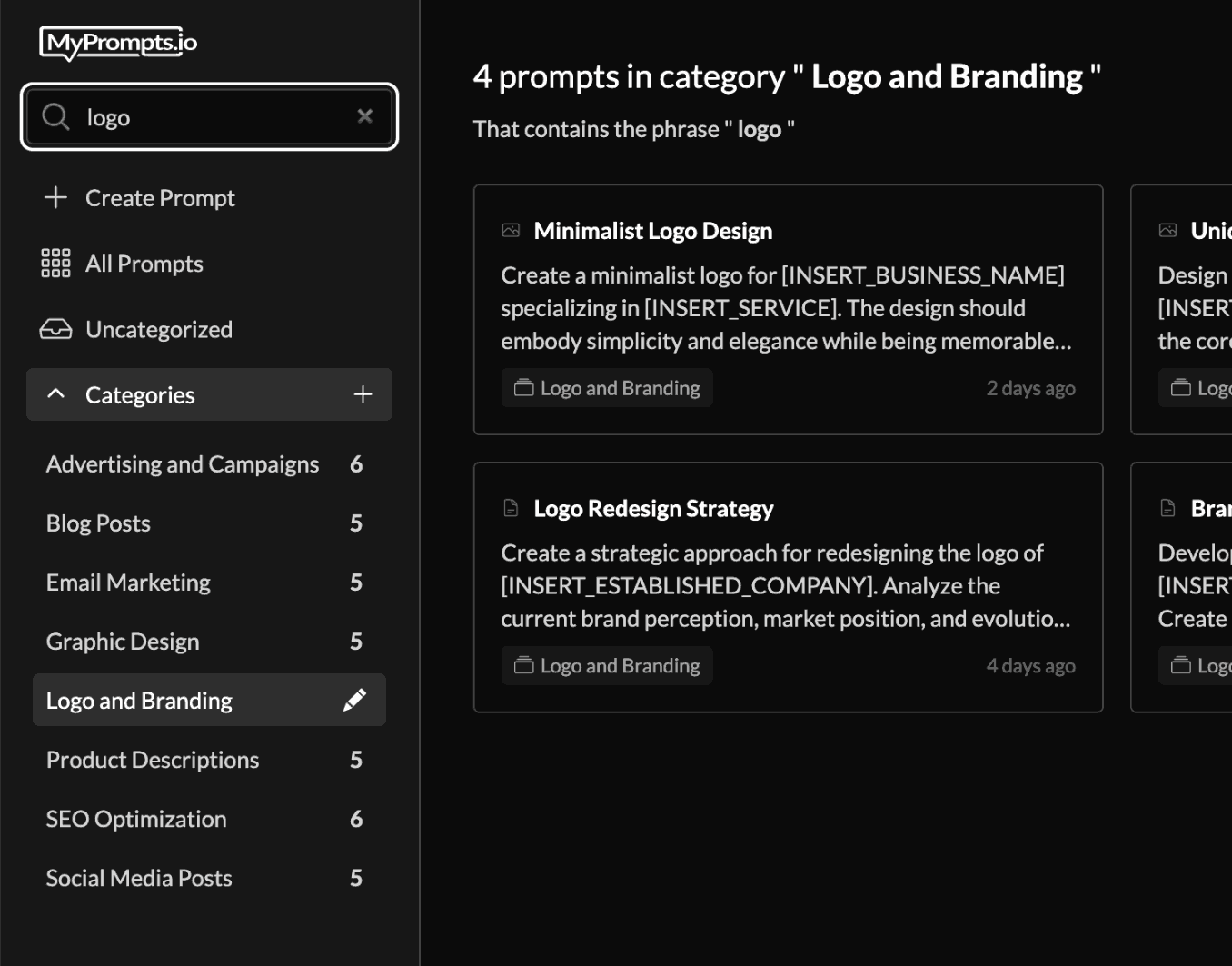 AI prompt library dashboard in dark-mode (in MyPrompts.io) showing categorized prompts for ChatGPT and Midjourney with search functionality