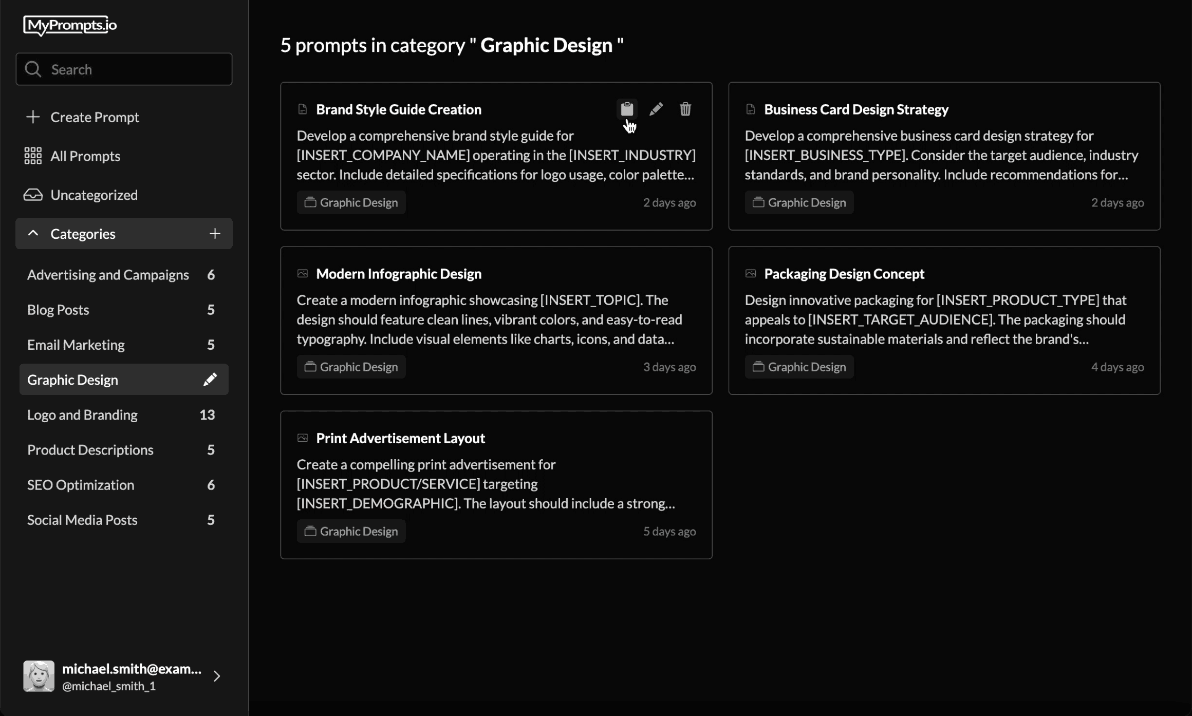 AI prompt manager interface (MyPrompts.io) showing organized AI prompts in categories